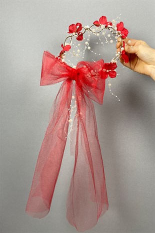 Kırmızı Fiyonklu Ortanca Çiçekli Özel Gelin Kına Tacı