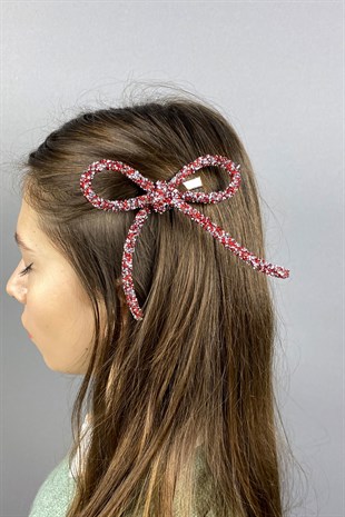 Kırmızı Full Taşlı Tasarım Fiyonk Saç Tokası