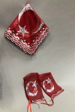 Kırmızı Gelin Duvağı Ay Yıldızlı Damat Örtüsü ve Takı Kurdele Seti