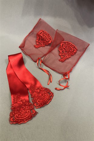 Kırmızı Gelin Duvağı Damat Örtüsü ve Takı Kurdele Seti