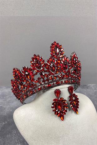 Red Godiva High Bridal Henna Tiara and Shuttle Stone Evening Dress Earring Set