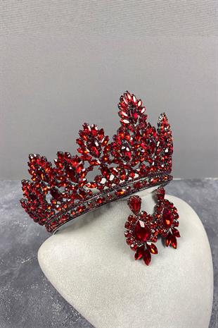 Red Godiva High Bridal Henna Crown And Stud Earrings