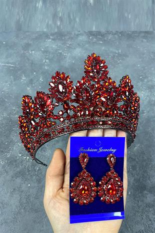 Red Godiva High Bridal Henna Crown And Drop Stone Earrings