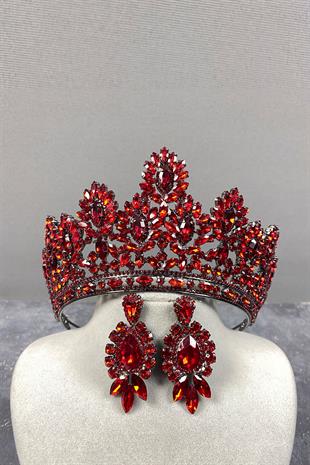 Red Godiva High Bridal Henna Crown And Stud Earrings