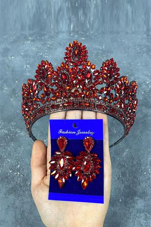 Red Godiva High Bridal Henna Tiara and Shuttle Stone Evening Dress Earring Set