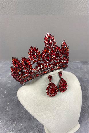 Red Godiva High Bridal Henna Crown And Drop Stone Earrings