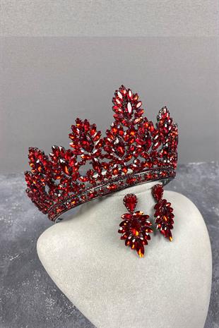 Red Godiva High Bridal Henna Tiara and Shuttle Stone Evening Dress Earring Set