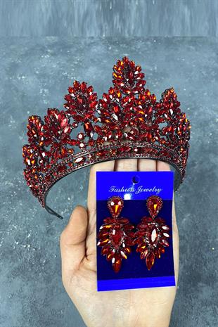 Red Godiva High Bridal Henna Tiara and Shuttle Stone Evening Dress Earring Set