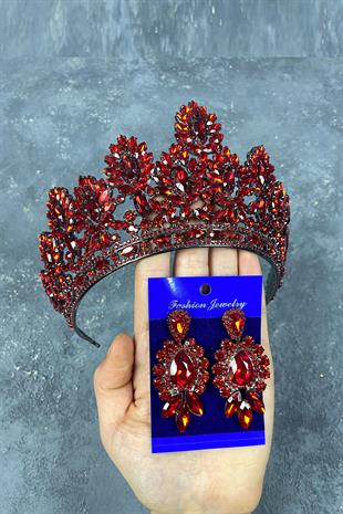 Red Godiva High Bridal Henna Crown And Stud Earrings