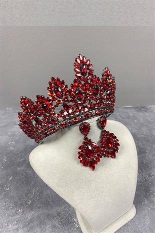 Red Godiva High Bridal Henna Crown And Shuttle Evening Dress Earrings