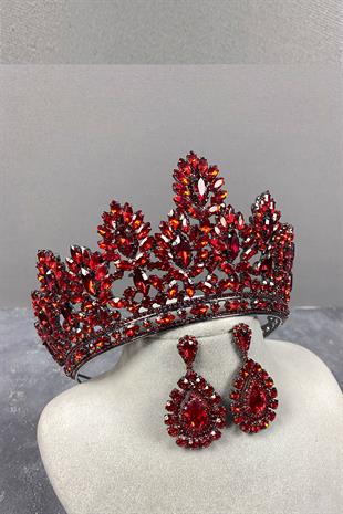 Red Godiva High Bridal Henna Crown And Drop Stone Earrings