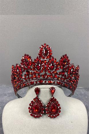 Red Godiva High Bridal Henna Crown And Drop Stone Earrings