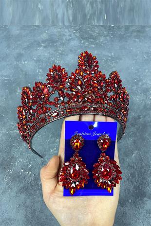 Red Godiva High Bridal Henna Crown And Shuttle Evening Dress Earrings