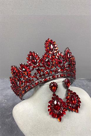 Red Godiva High Bridal Henna Crown And Shuttle Evening Dress Earrings