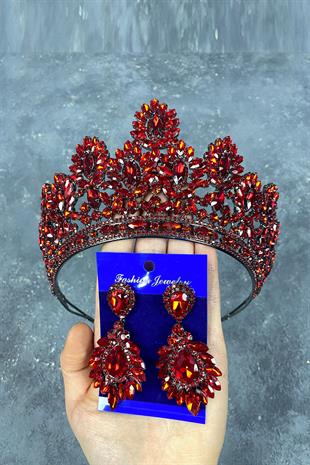 Red Godiva High Bridal Henna Crown And Shuttle Evening Dress Earrings