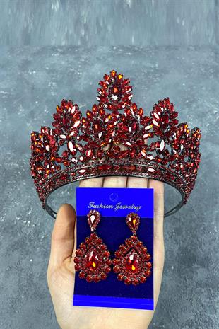 Red Godiva High Bridal Henna Crown And Drop Stone Earrings