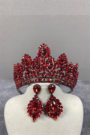 Red Godiva High Bridal Henna Crown And Shuttle Evening Dress Earrings