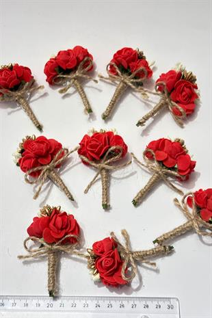 Kırmızı Gold Cipsolu Güllü Damat Yaka Çiçeği Sağdıç Çiçeği 10 Adet
