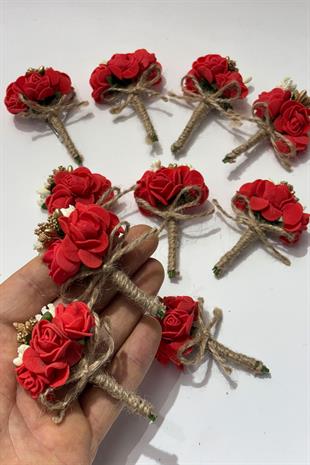 Kırmızı Gold Cipsolu Güllü Damat Yaka Çiçeği Sağdıç Çiçeği 10 Adet