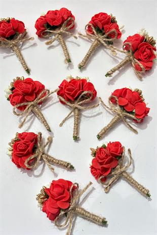 Kırmızı Gold Cipsolu Güllü Damat Yaka Çiçeği Sağdıç Çiçeği 10 Adet