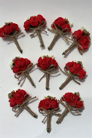 Kırmızı Gold Cipsolu Güllü Damat Yaka Çiçeği Sağdıç Çiçeği 10 Adet
