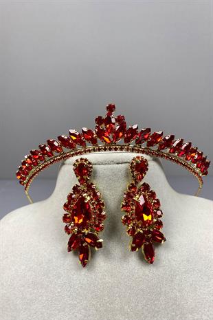 Red Gold Ece Bridal Henna Crown and Drop Stone Earring Set