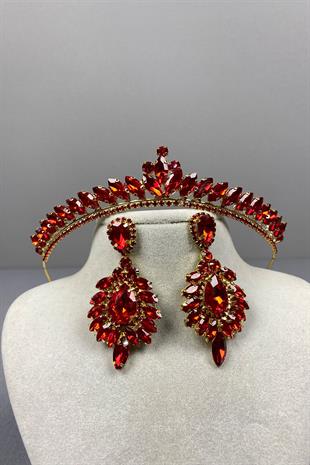 Red Gold Ece Bridal Henna Crown and Drop Shuttle Stone Earring Set