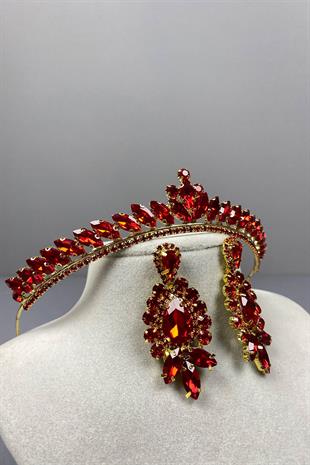 Red Gold Ece Bridal Henna Crown and Drop Stone Earring Set
