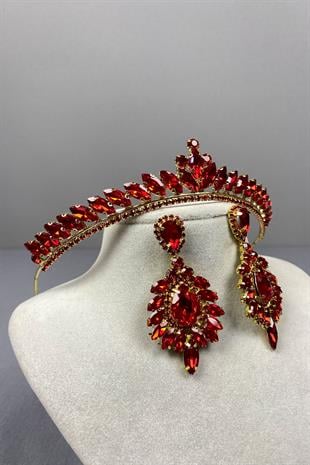 Red Gold Ece Bridal Henna Crown and Drop Shuttle Stone Earring Set