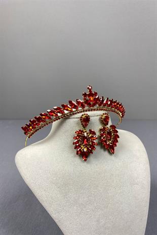 Red Gold Ece Bridal Henna Crown and Fine Shuttle Stone Earring Set
