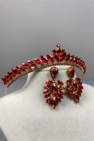 Red Gold Ece Bridal Henna Crown and Fine Shuttle Stone Earring Set