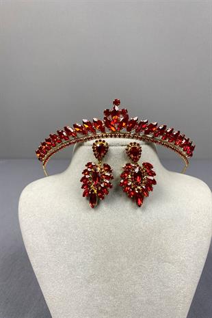 Red Gold Ece Bridal Henna Crown and Fine Shuttle Stone Earring Set