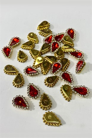 Kırmızı Gold Kasalı Damla Dikme Taş 10 Adet