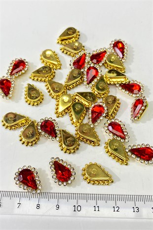 Kırmızı Gold Kasalı Damla Dikme Taş 10 Adet