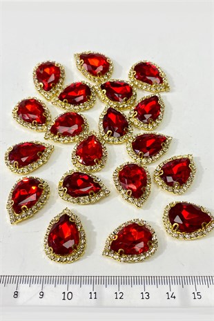 Kırmızı Gold Kasalı Damla Dikme Taş 5 Adet