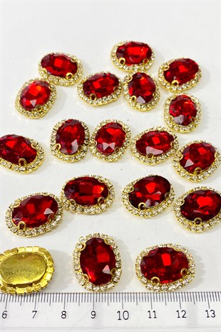 Kırmızı Gold Kasalı Oval Dikme Taş 5 Adet