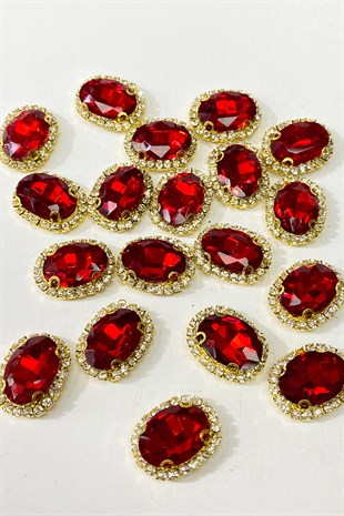 Kırmızı Gold Kasalı Oval Dikme Taş 5 Adet