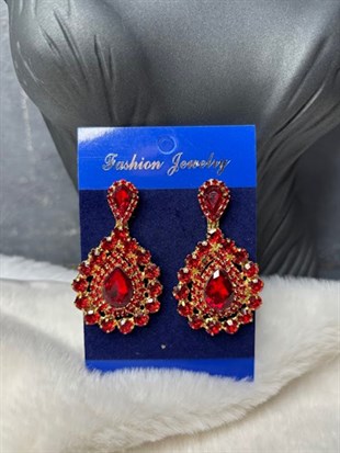 Kırmızı Gold Rengi Sia Damla Şık Tasarım Taşlı Gelin Kına Abiye Küpesi