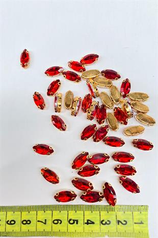 Kırmızı Gold Zeminli Dikme Parlak Cam Mekik Boncuk 10 Adet
