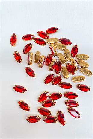 Kırmızı Gold Zeminli Dikme Parlak Cam Mekik Boncuk 10 Adet