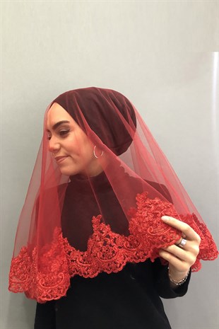 Kırmızı Güpürlü Gelin Duvağı Kına Yüz Örtüsü