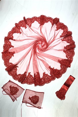 Kırmızı Güpürlü Gelin Duvağı Kına Yüz Örtüsü