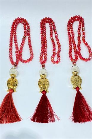 Kırmızı Hediyelik Laleli Püsküllü Kristal Boncuklu 99 Lu Namaz Tesbihi ( Mevlüt-sünnet-hac-umre)