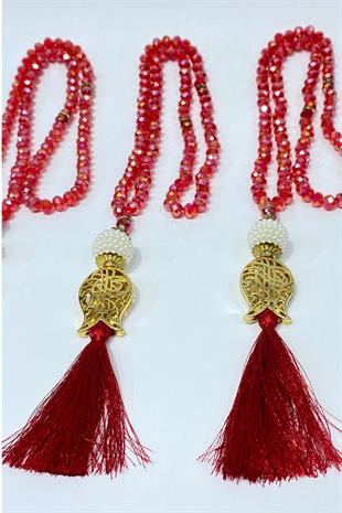 Kırmızı Hediyelik Laleli Püsküllü Kristal Boncuklu 99 Lu Namaz Tesbihi ( Mevlüt-sünnet-hac-umre)