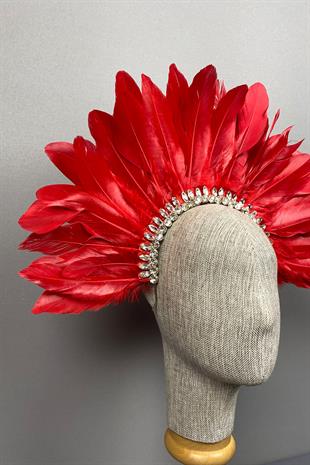 Kırmızı Hera Tüylü Taşlı Gelin Kına Tacı Aksesuar