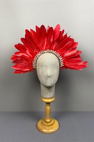 Kırmızı Hera Tüylü Taşlı Gelin Kına Tacı Aksesuar