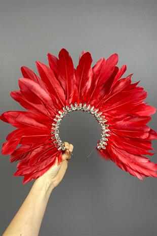 Kırmızı Hera Tüylü Taşlı Gelin Kına Tacı Aksesuar