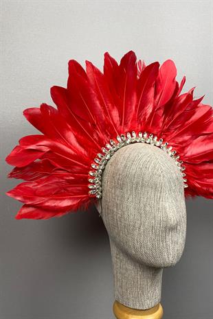 Kırmızı Hera Tüylü Taşlı Gelin Kına Tacı Aksesuar