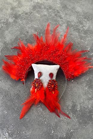 Red Rooster Feather Crystal Beaded Bridal Henna Tiara and Earring