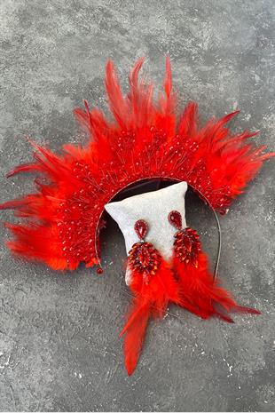 Red Rooster Feather Crystal Beaded Bridal Henna Tiara and Earring